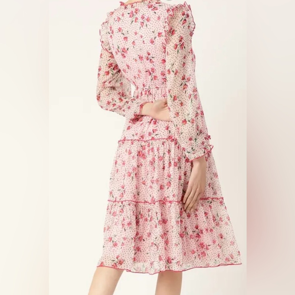 Antheaa Pink Floral Swiss Dot Midi Dress Ruffle Trim Tassel Tie Cottagecore XL - Picture 3 of 12